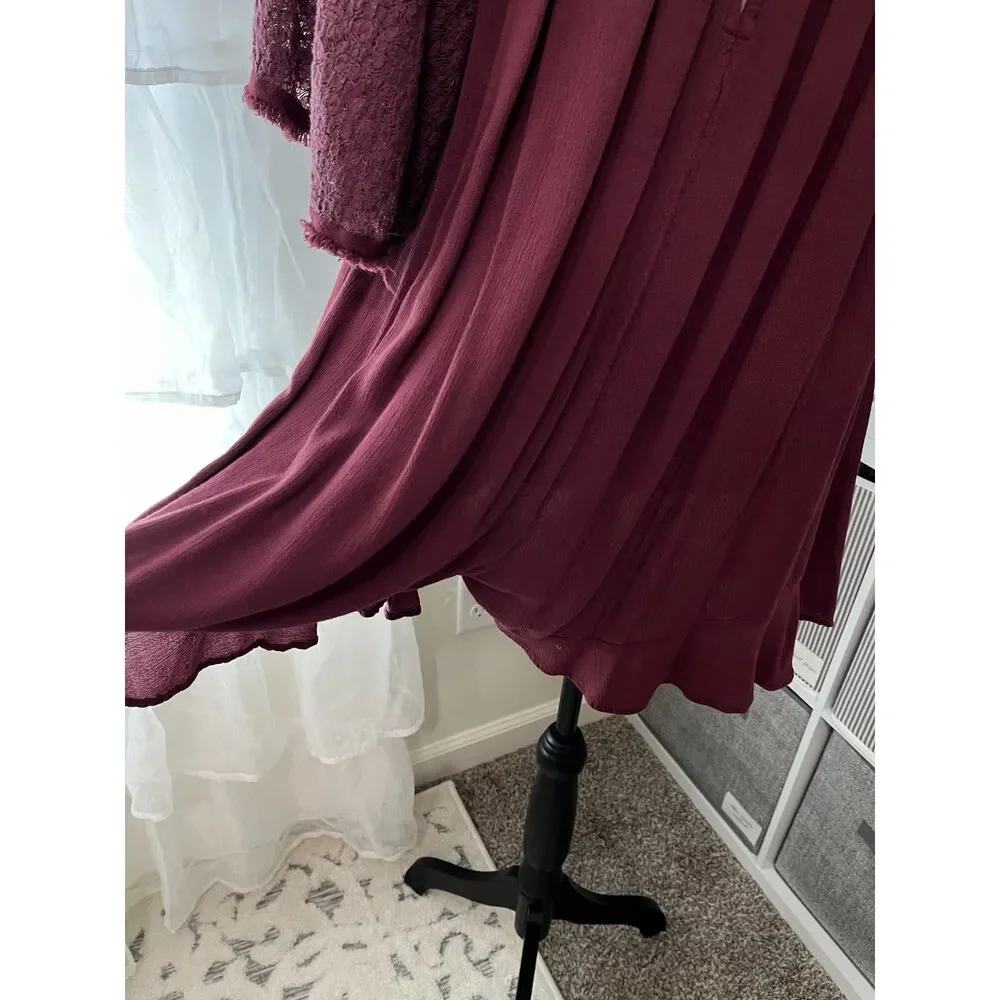 Free People Rush For Ruffles Romper Burgundy Boho Ruffle Lace Size M